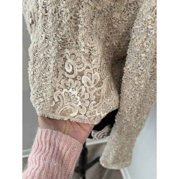 ST JOHN COUTURE Cream Knit w/Sequins Lace Pockets Fringe Hem Crop Jacket NWT 12 - Picture 6 of 10
